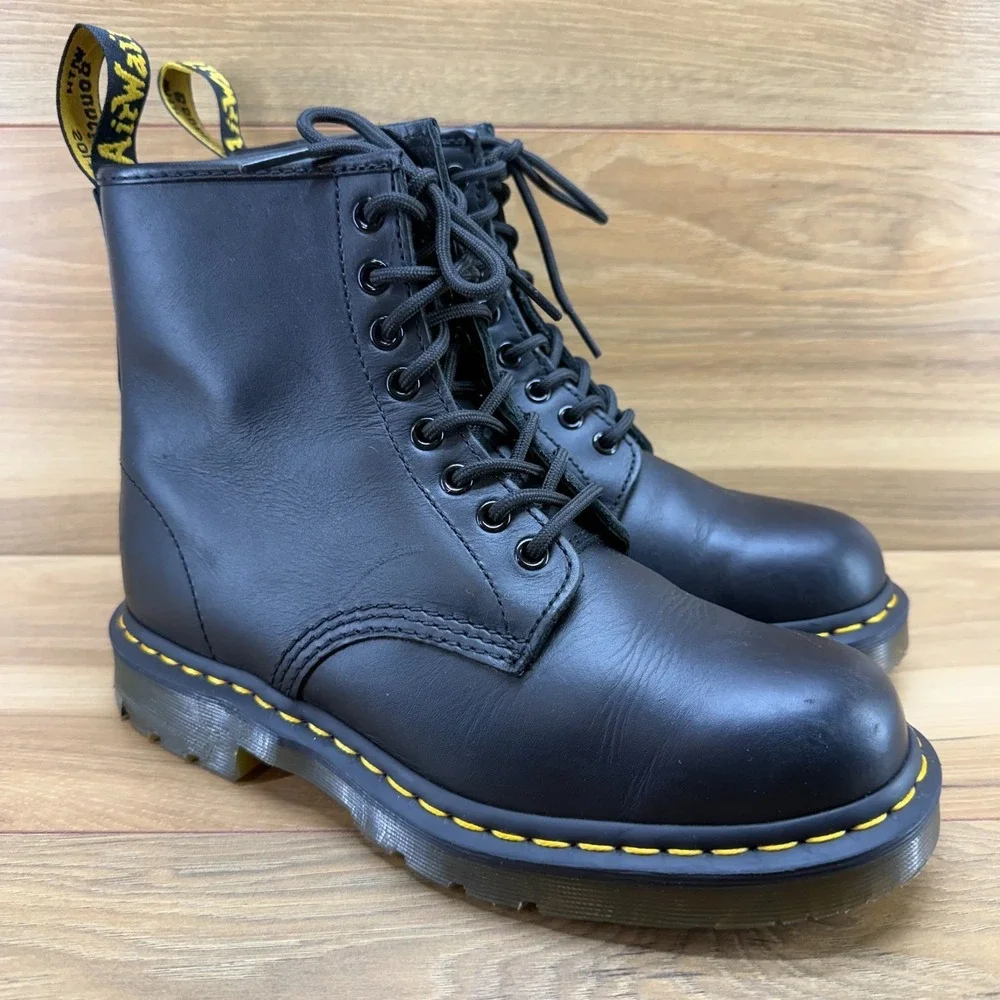Dr Martens Combat Safety Boots Mens 8 Black Leather Slip Resistant 1460 SR